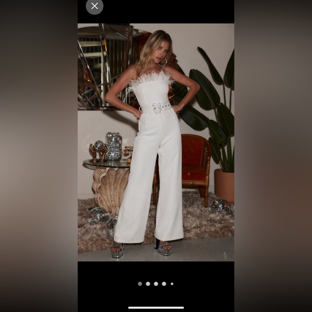 Velvet white faux feather belted jumpsuit